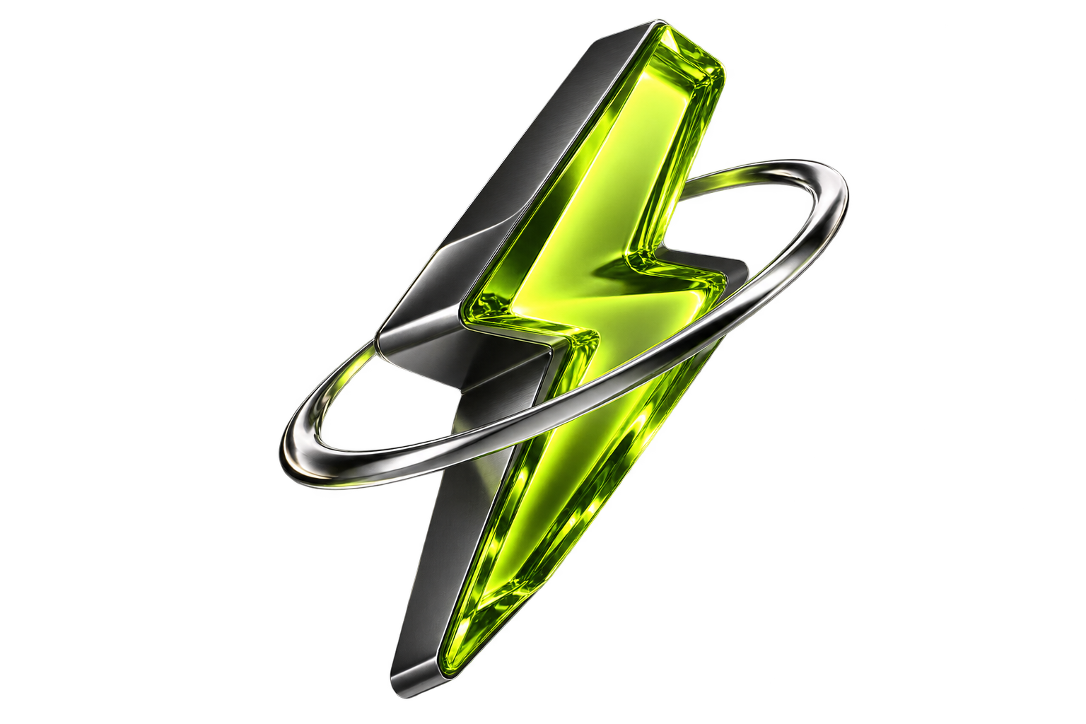 A sculptural CHARGE lightning bolt in polished titanium and electric-lime glass